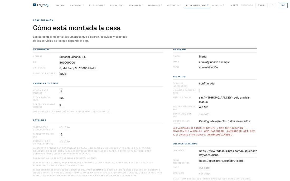 Configuración: datos de la editorial, umbrales de aviso, royalties, servicios y enlaces.