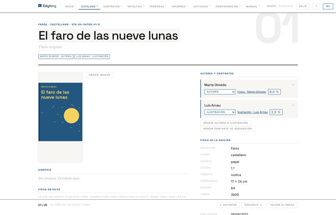 Ficha de una edición: portada, autoría con sus contratos y ficha técnica editable.